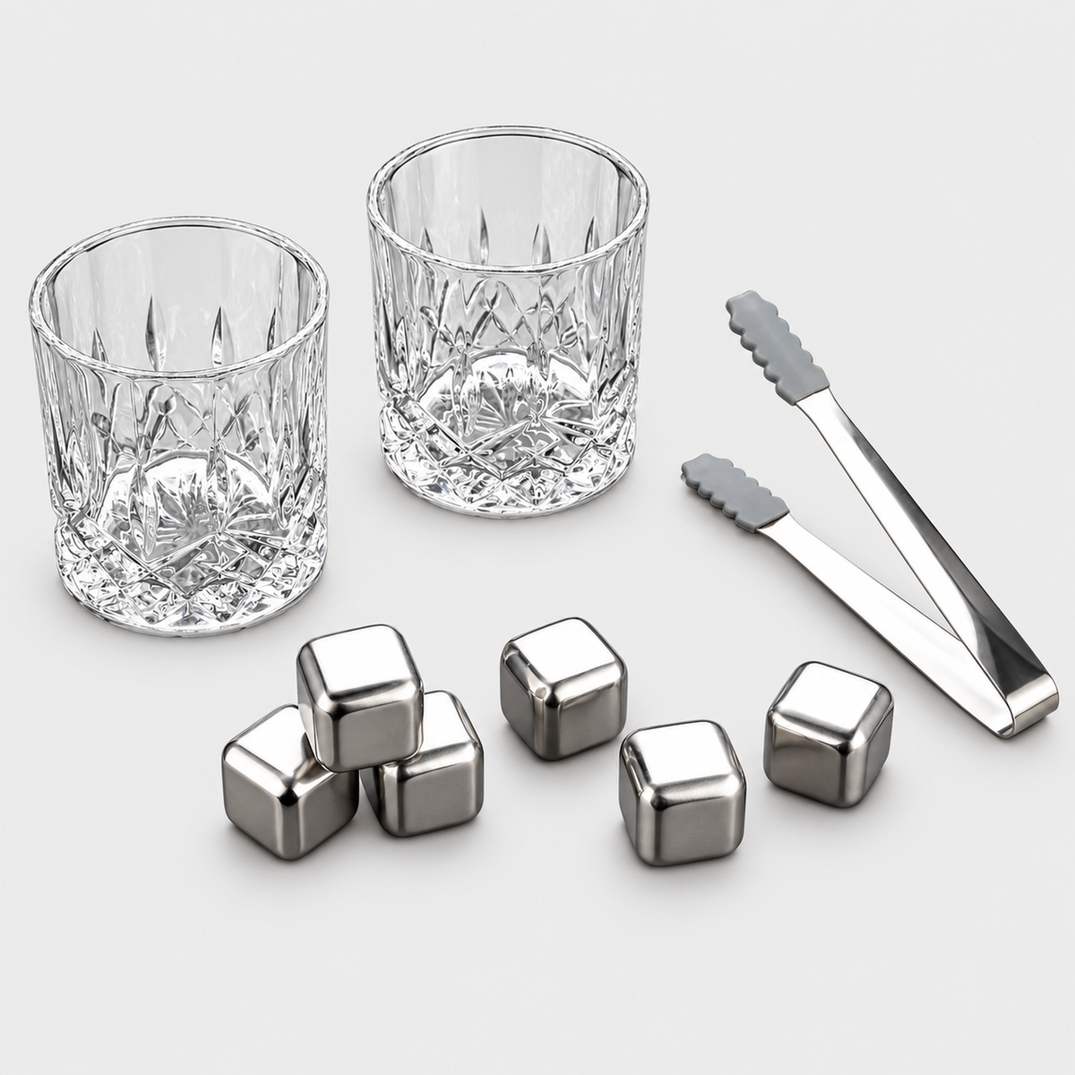 Stainless Steel Whisky Ice Cubes and Glasses Set, Wooden Box