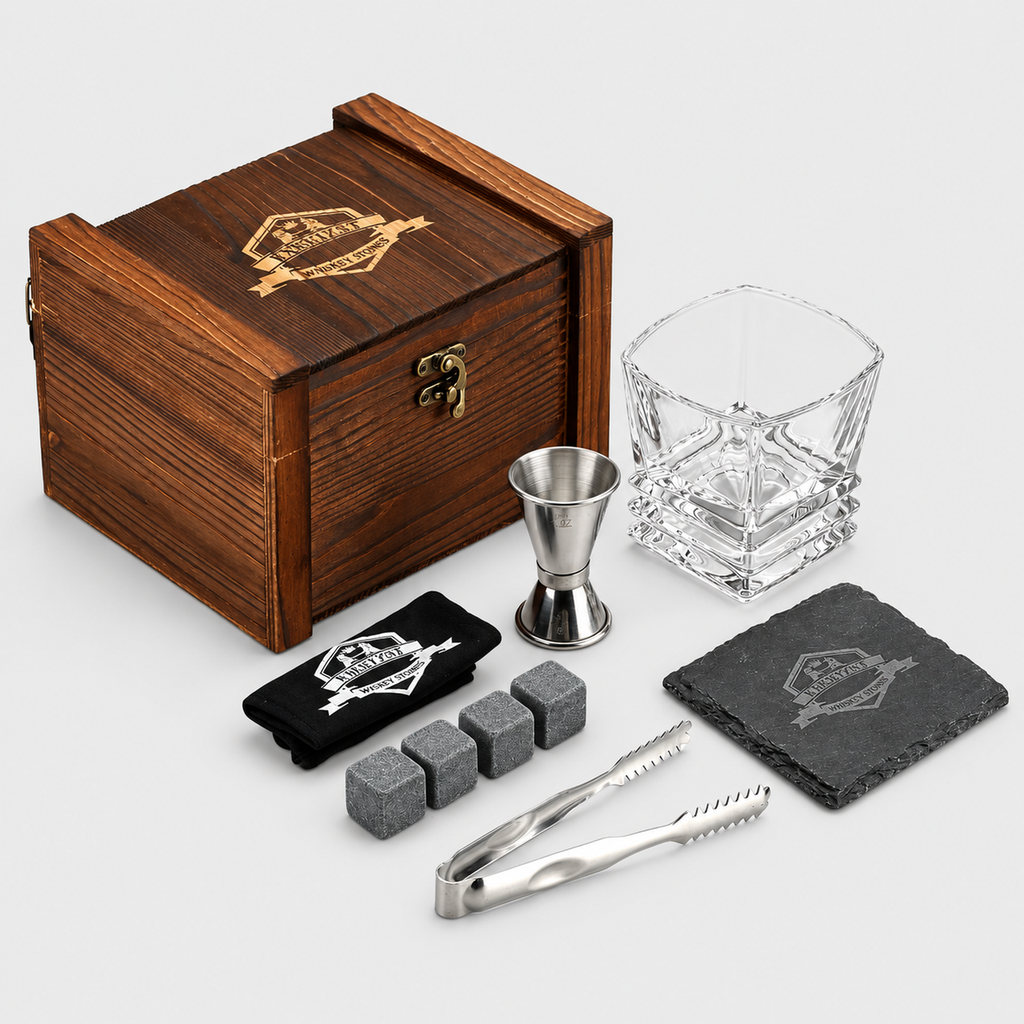 Granite Whisky Stones and Glasses Gift Set, Wooden Box
