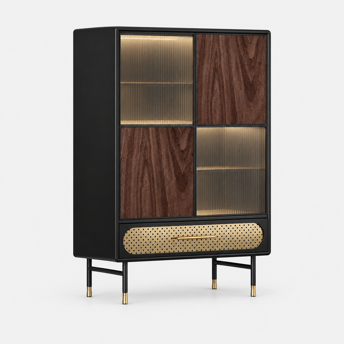 Italian Light Luxury Drinks Cabinet, Wine Display, Solid Wood & Glass on a light grey background